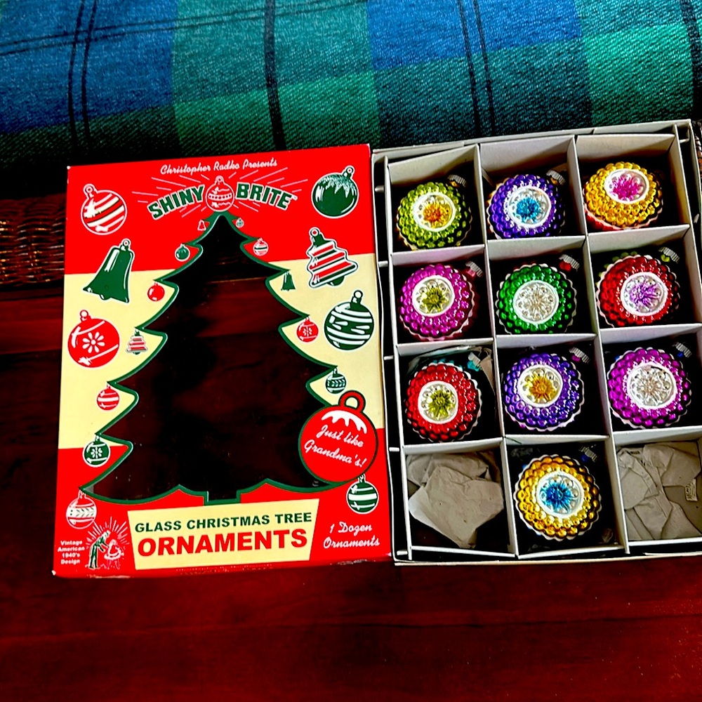 10 Christopher Radko, Shiny Brite glass tree ornaments.